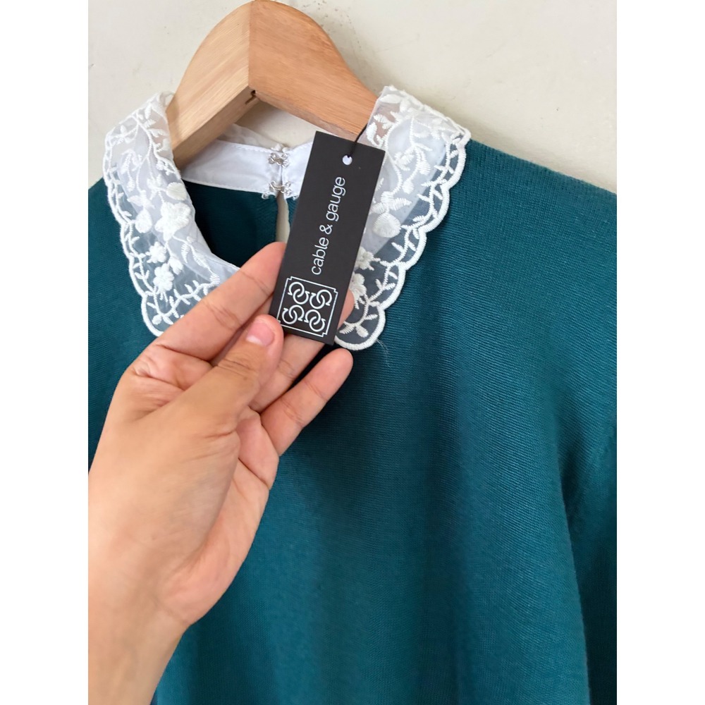 Cable & Gauge Teal Green Lace Collar Sweater NWT L Floral Peter Pan Knit Casual - Picture 4 of 9